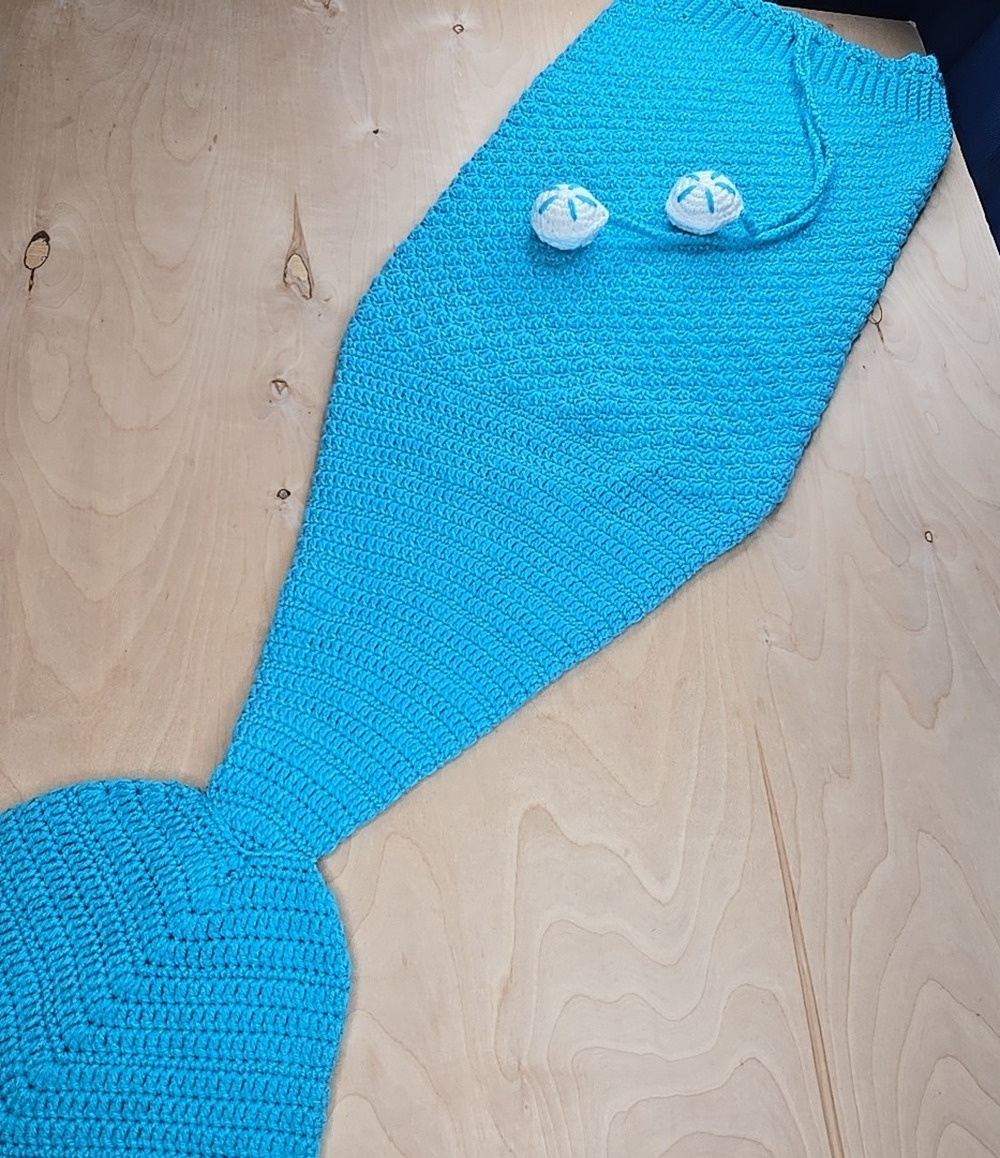 48" Handmade Mermaid Tail Crochet Knit Lap Blanket Sea Aqua Blue for Teen/Adult